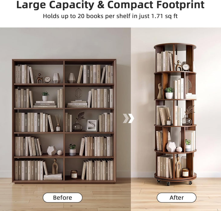 5-Tier Solid Wood Rotating Bookshelf on Wheels for Small Spaces
