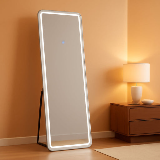 LED Full Length Mirror, 56"X20" Full Length Mirror with Lights, Lighted Floor Mirrors with Stand, Full Body Mirrors with Dimming & 3 Color Lightingfor Living Room Cloakroom, White