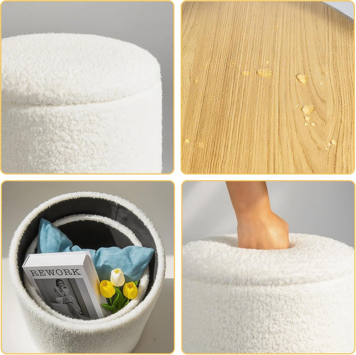 Round Storage Ottoman Set of 2 with Reversible Tray Lid—Multi-Functional Boucle Footrest, Vanity Stool, Sturdy Coffee Table for Living Room, Bedroom, Entryway (White)