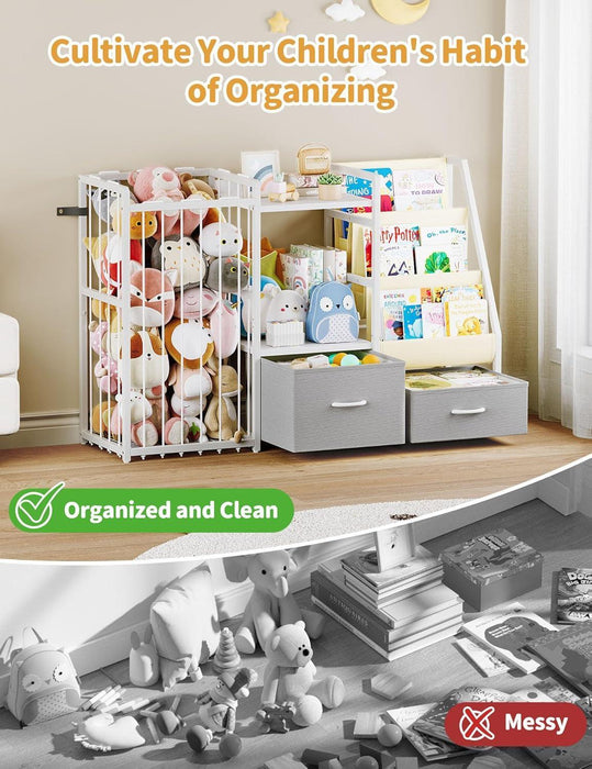 Kids Bookshelf and Toy Storage, Large 3 Tier Book Shelf for Kids Rooms, Sling Baby Bookcase with Stuffed Animal Storage, Toddler Montessori Bookshelf for Nursery, Playroom, Kindergarten