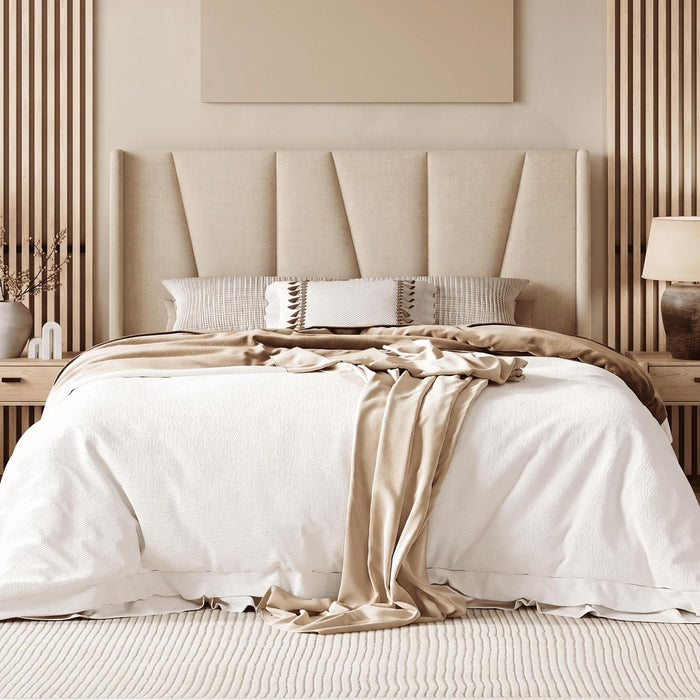 Queen Size Platform Linen Bed Frame with Headboard, Beige