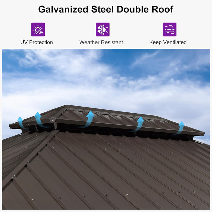 10’ X 14’ Outdoor Hardtop Gazebo Metal Frame Galvanized Steel Double Roof with Curtains and Nettings for Patio Desk Backyard Bronze