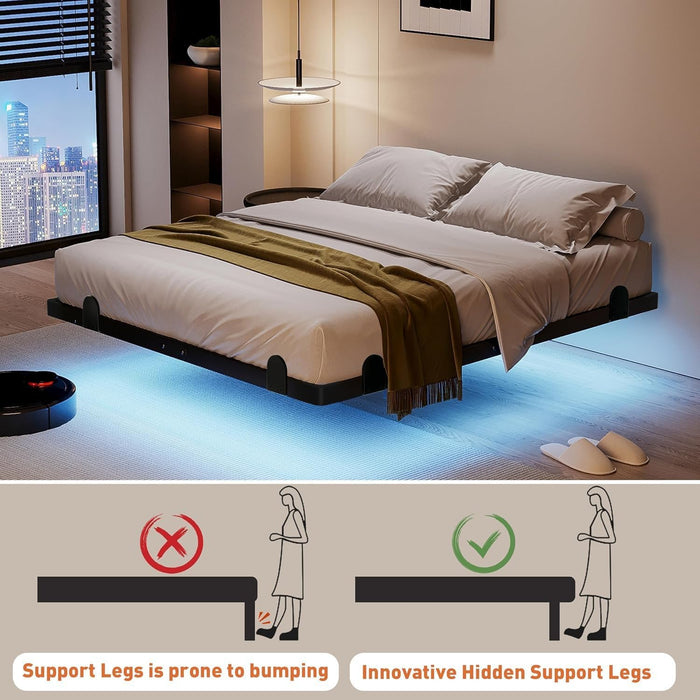 Floating Queen Bed Frame 14 Inch, Metal Platform Bed Frame with Smart LED Lights & Charging Station, Noise Free Storage Bed, No Box Spring Needed,Black
