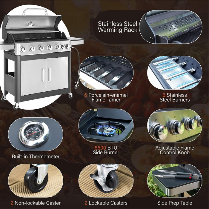 6-Burner Propane Gas BBQ Grill with Side Burner & Porcelain-Enameled Cast Iron Grates, Stainless Steel Barbecue Grills Outdoor Cooking for Outside, 665 SQ.IN. Cooking Area, 65,800BTU