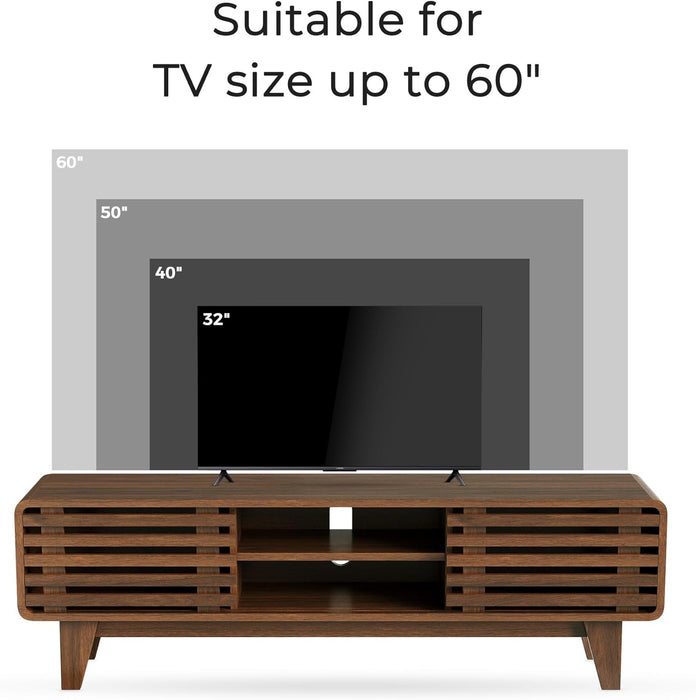 TV Stand for 60 Inch TV, Mid Century Modern Entertainment Center with Storage Boho Television Stand with Shelves and Grille Sliding Doors Wood Media Console for Living Room, Walnut