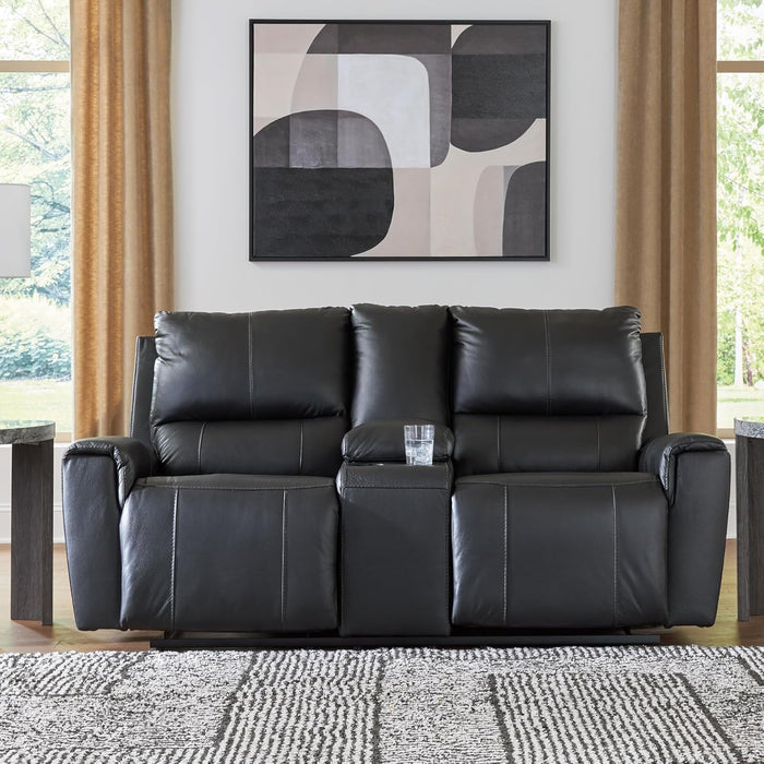 Glassmere Contemporary Leather Match Reclining Loveseat with Console, 2 Cup Holders and Storage, Black