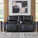 Glassmere Contemporary Leather Match Reclining Loveseat with Console, 2 Cup Holders and Storage, Black
