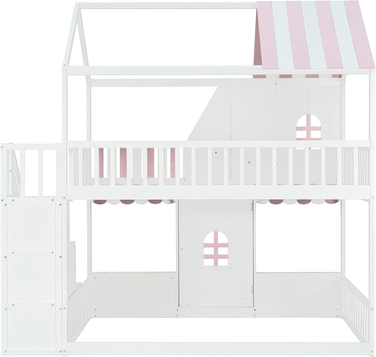 Full-Size House-Bunk Bed With Pink StorageCompartments