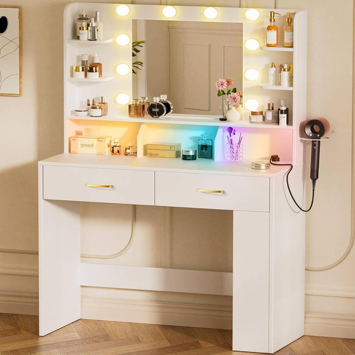 Vanity Desk with Lighted Mirror and Power Outlet, RGB LED Lights Makeup Vanity Set for Girls, Large Storage Capacity Dressing Table for Bedroom, 3 Lighting Modes Adjustable Brightness, White
