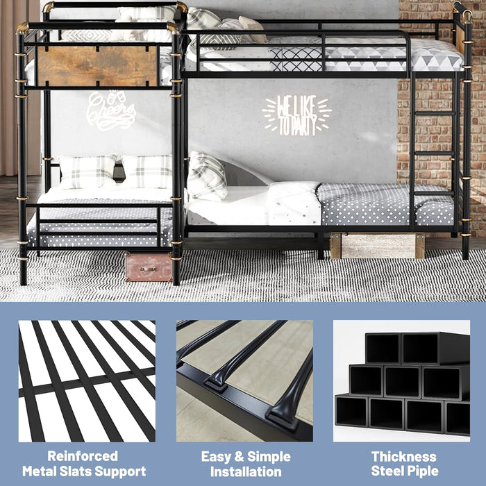 Quad Bunk Bed, Heavy Duty Metal 4 Bunk Beds for Kids with Ladders, Detachable Industrial L-Shaped Bunk Beds, Space Saving Design,Can Be Divided into 3 Twin Beds, Black