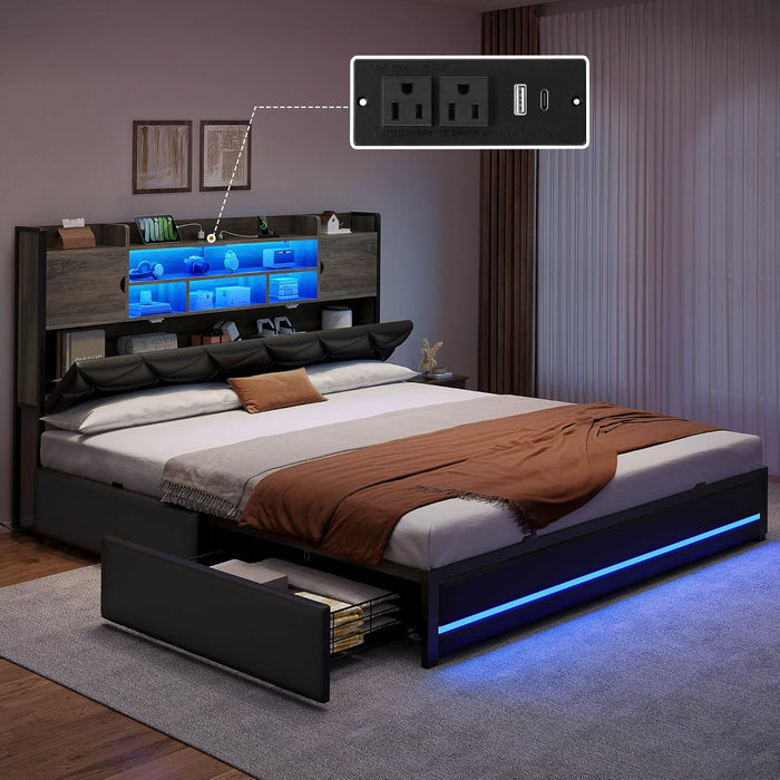 Queen Size Bed Frame with RGB LED Lights & Storage Bookcase Headboard, Upholstered Bed with Charging Station and 4 Drawers, No Box Spring Needed, Easy Assembly, Noise-Free, PU Leather Black