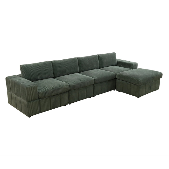 Sectional Sofa, 132" Oversized 4 Seater Couch with Ottoman for Living Room, Corduroy, Green