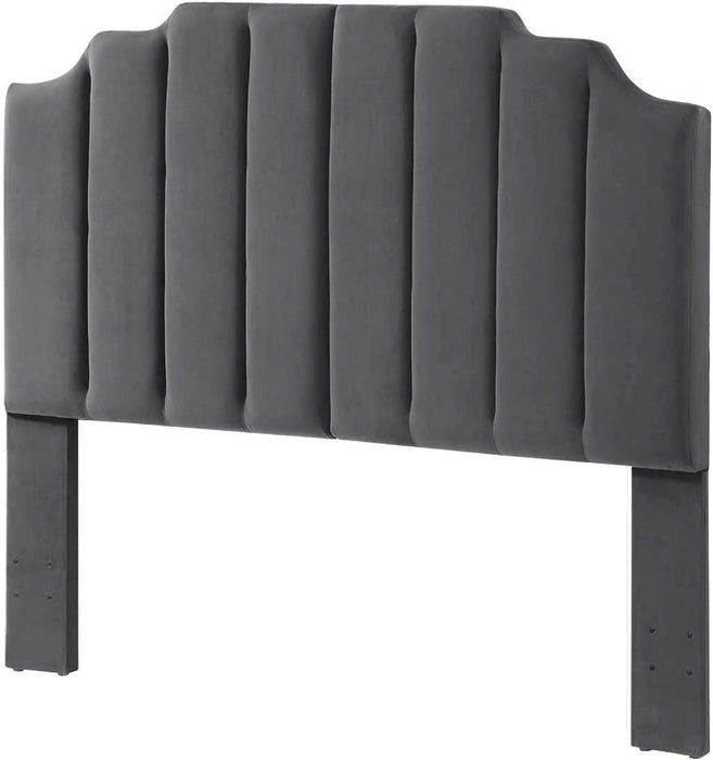 Dark Gray Velvet Tufted Queen Upholstered Headboard, Modern Vertical Channel Design California Queen/Full Headboard with Stepped Silhouette Top Edge,Dark Gray