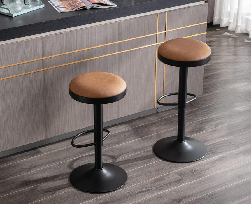 Modern Swivel Bar Stools Set of 2 Adjustable Counter Height Backless Barstools with Metal Base Leather Upholstered round Bar Stool Chairs for Kitchen Island/Pub/Breakfast Bar, Brown