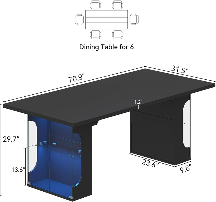 70.8" Large Dining Table with Glass Storage Cabinet & LED Lights, Modern Kitchen Table for 4-8, Rectangle Dining Room Table, Long Dinner Tables for Kitchen,Living Room(Black)
