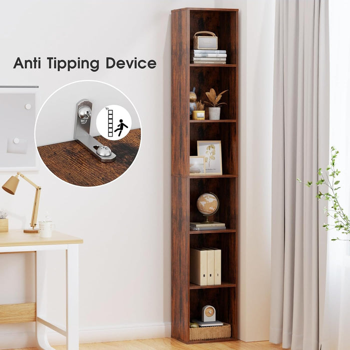 6-Tier Tall Narrow Bookshelf, 70.5" Skinny Thin Bookcase, Brown | Corner Shelf Slim Storage Cabinet,Wood DVD CD Media Cube Organizer Tower Rack for Small Spaces, Bedroom, Living Room, Office