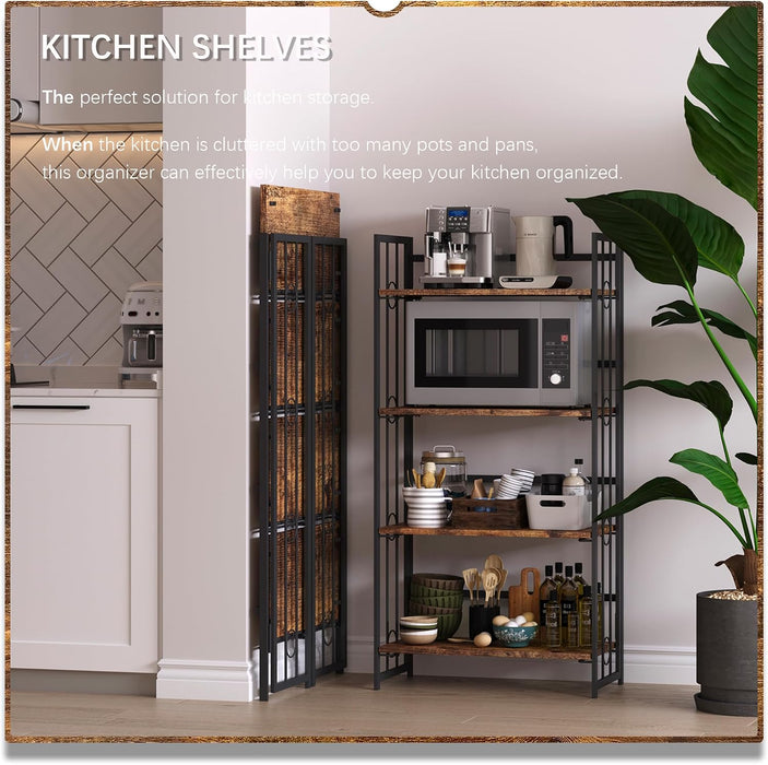 No Assembly 4 Tiers Folding Bookshelf, 47.2" H Foldable Storage Shelves Vintage Bookcase Standing Racks Study Organizer Home Office - Rustic Brown Black