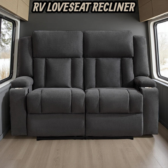 Recliner Loveseat Sofa with Cup Holders, 2-Seater Fabric Reclining Couch, Manual Recliner Wall Hugger for Living Room, Small Spaces, Home Theater (Dark Gray)