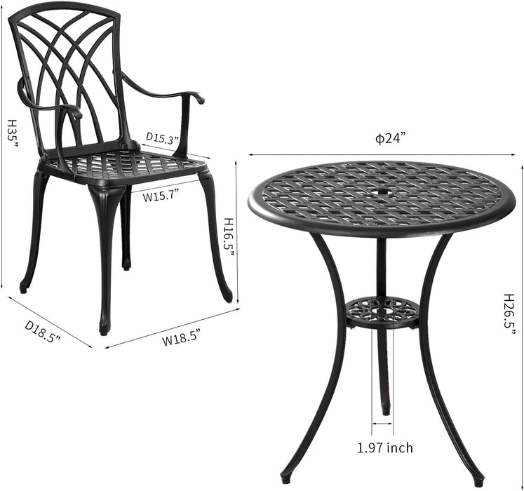 Outdoor 3 Piece Bistro Set Cast Aluminum Bistro Table and Chairs Set of 2, All Weather Bistro Patio Set, Patio Furniture for Garden Black