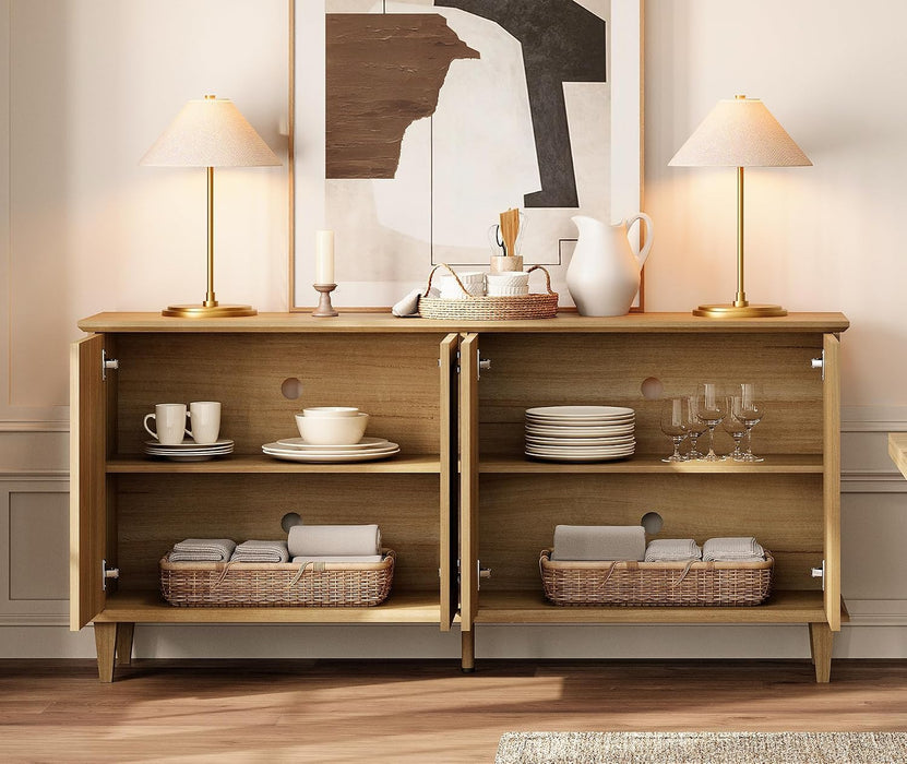 65-Inch Handcrafted Patchwork Decorative Buffet Cabinet with Pop-Up Design Doors,Full Unit Modern Modern Farmhouse Accent Credenza for Coffee Bar, Kitchen, and Living Room, Natural Oak