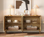 65-Inch Handcrafted Patchwork Decorative Buffet Cabinet with Pop-Up Design Doors,Full Unit Modern Modern Farmhouse Accent Credenza for Coffee Bar, Kitchen, and Living Room, Natural Oak