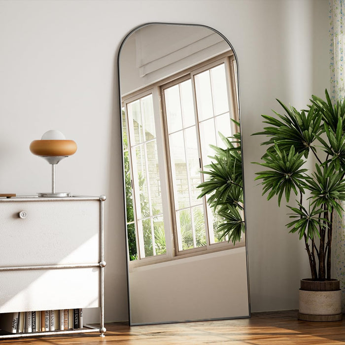 Mirror, 71X26 Inch Full Length with Stand, Black, Rounded Top, Floor Mount, Aluminum Frame, for Bedroom, Living Room