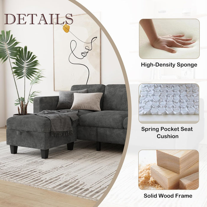 Couch for Living Room - Small Space Couches Sectional L-Shaped Sofa, 3 Seat Modern Couch, Sofas Convertible with Storage Ottoman for Small Space, Bedroom, Offices and Apartments - Grey