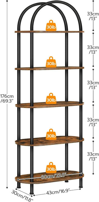 5 Tier Open Bookshelf, Industrial Arched Bookcase Display Shelf Rack, Wooden Bookcase Storage Shelf Metal Frame, Tall Storage Organizer for Home, Easy Assembly, Rustic Brown BF176SJ01
