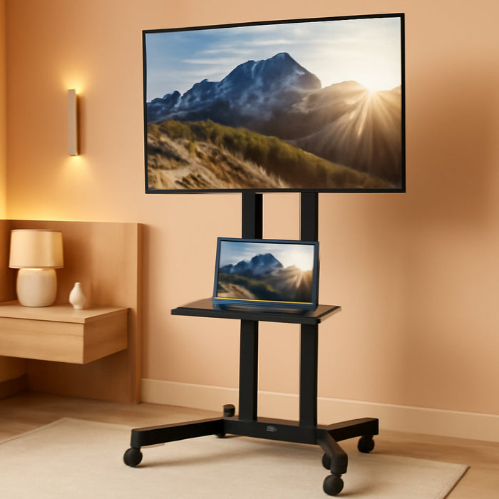 Mobile TV Cart for 32 to 83 Inch Screens up to 110 Lbs, LCD LED OLED 4K Smart Flat and Curved Panels, Rolling Stand with Laptop DVD Shelf, Locking Wheels, Max VESA 600X400, Black, STAND-TV03E