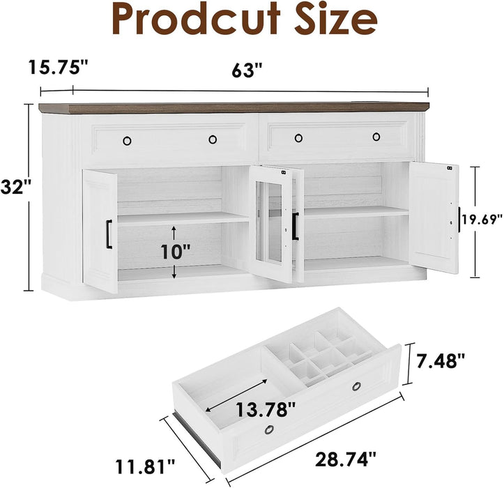 63'' Sideboard Buffet Cabinet with Power Outlet, Antique White