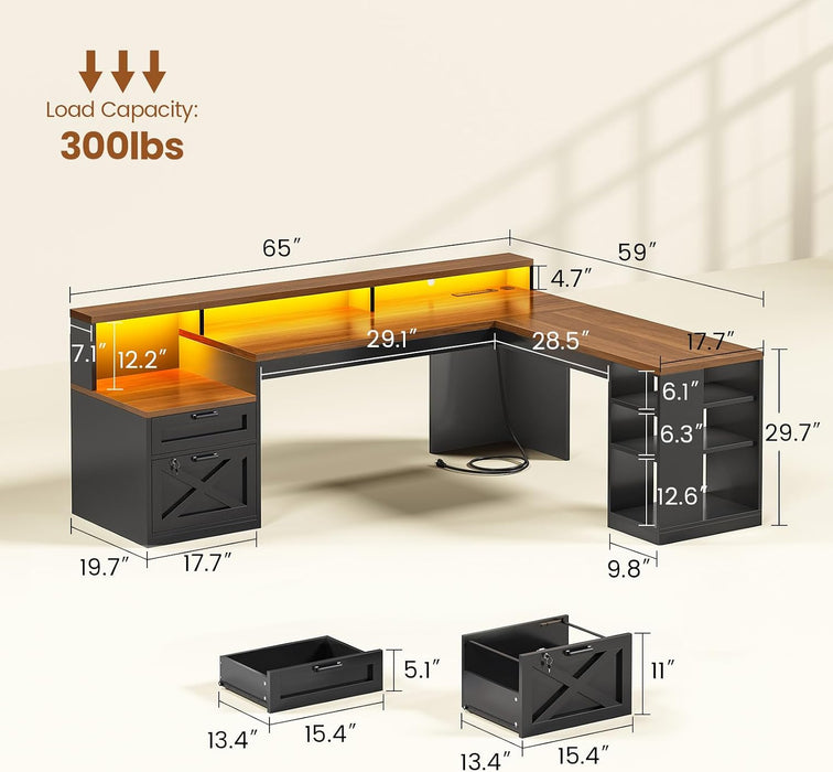 65"X59" L Shaped Desk with Lockable Drawers Storage for Home Office