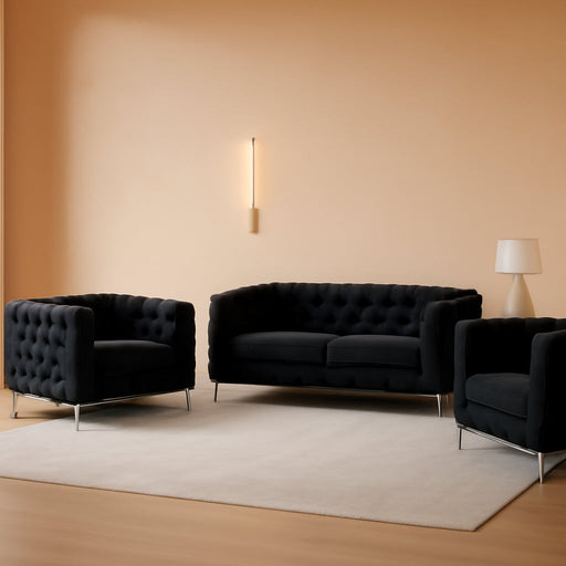 3-Piece Couches Velvet Fabric Living Room Furniture Set -Black