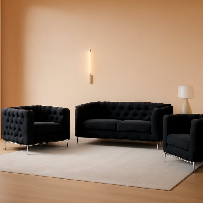 3-Piece Couches Velvet Fabric Living Room Furniture Set -Black