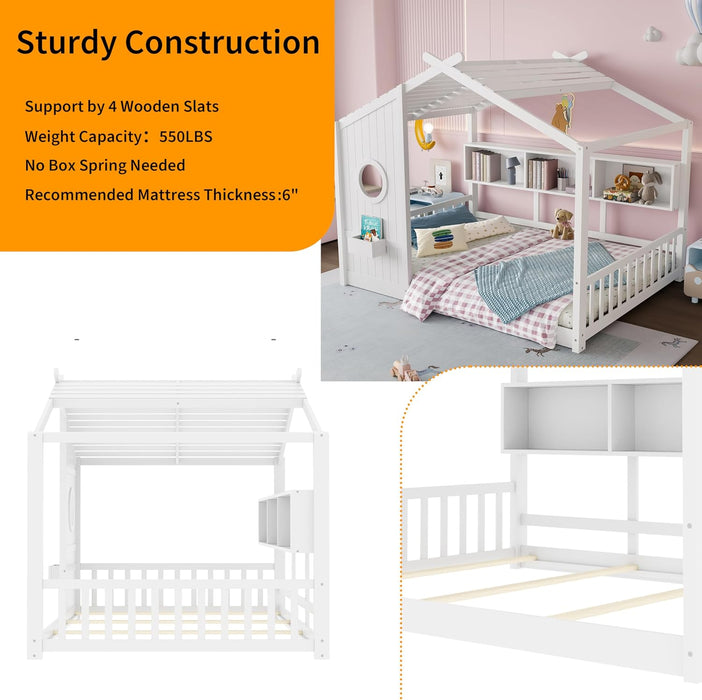 White Full Size Floor Bed Playhouse StorageShelves