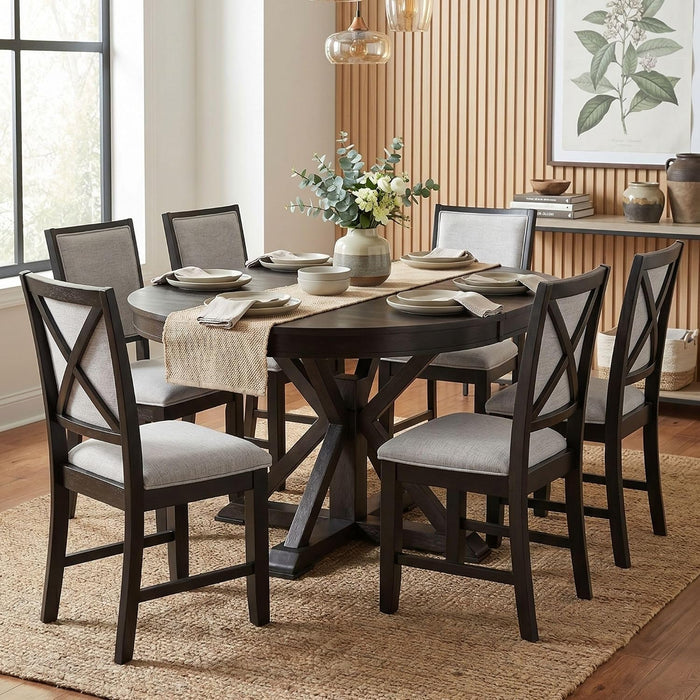 42"-54" Extendable Dining Table for 4-6 People Farmhouse Round/Oval Dining Room Table Solid Wood Kitchen Table with Cross Base, Only Table (Dark Brown)