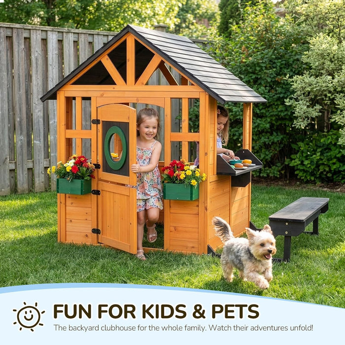 Kids Outdoor Playhouse with Dog Door, Wooden Toddler outside Play Kitchen W/Picnic Bench, Flower Pot, Cookware & Windows for Garden, Backyard, Indoor Playroom, Ages 3-8 (Natural)