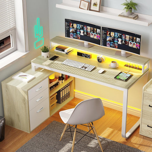 White L-Shaped Desk with Drawers & LED Lights