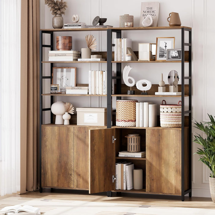 71" Tall Bookshelf with Doors and Adjustable Shelf, Brown | Industrial Display Standing Shelf Rack with 3-Tier Shelves, Bookcase with Protective Rails for Living Room, Office