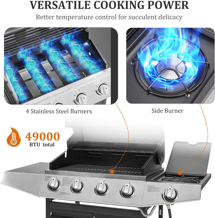 4-Burner Propane Gas BBQ Grill with Side Burner & Porcelain-Enameled Cast Iron Grates Built-In Thermometer, 49,000 BTU Outdoor Cooking, Patio, Garden Barbecue Grill, Black and Silver