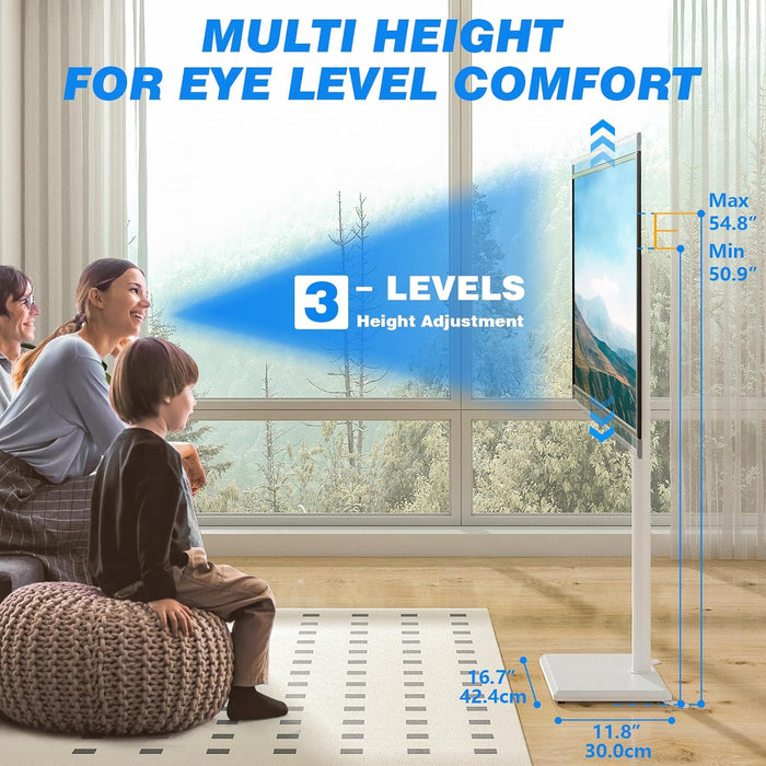 Swivel Floor TV Stand with Mount for 32-60 Inch Tvs up to 88 Lbs, Height Adjustable Tall TV Stand with Wood Base, Saving Space Design for Bedroom, Living Room and Corner, White