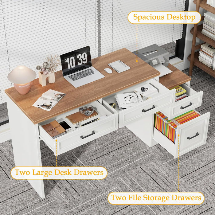 61" Farmhouse Computer Desk with Storage and File Drawer, Executive Desks with Printer Stand, Rustic Large Home Writing Desk for Home Office.
