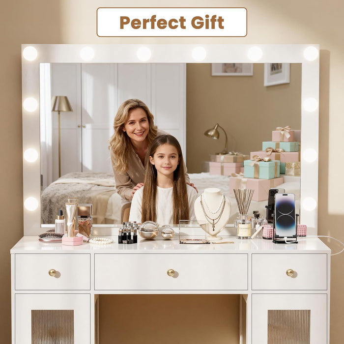 Makeup Vanity Desk with Mirror and Lights for Bedroom,White Vanity with Glass Top,Power Outlet,3 Drawers & 2 Acrylic Cabinets,3 Light Modes & Adjustable Brightness,Dressing Table for Women & Girls