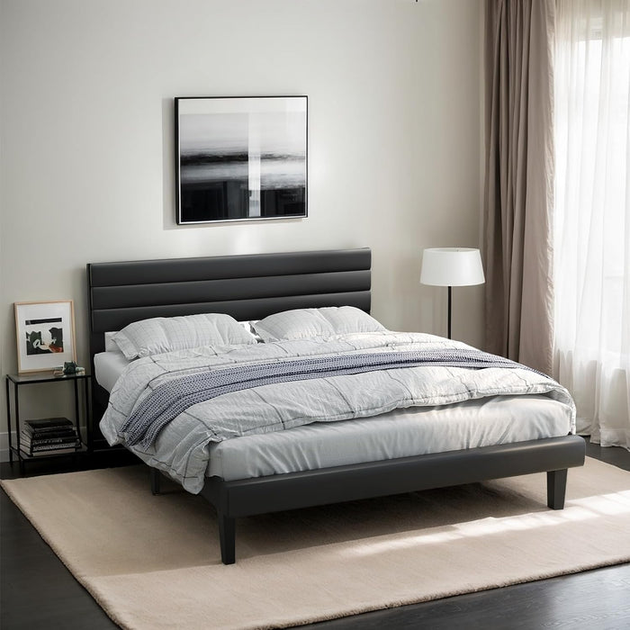 Full Upholstered Bed Frame, Adjustable Headboard, PU Leather Black