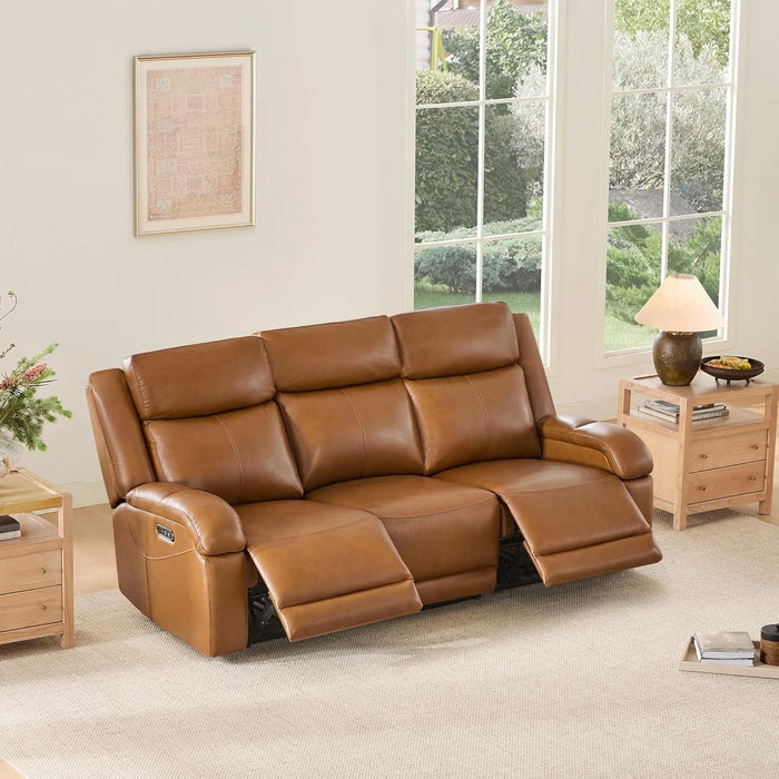 Genuine Leather Power Recliner Sofa, 3 Seater Wall Hugger Reclining Sofas with Power Headrest, USB & Typec Ports, Electric Recliner Couch Set for Living Room, Saddle Brown