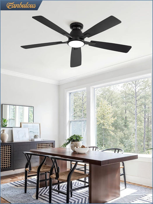 52 Inch Ceiling Fans with Lights, Smart Flush Mount Ceiling Fan and Remote APP, Modern Low Profile, 3CCT 20W LED with 6-Speeds Quiet Reversible Motor for Bedroom, Living Room, Kitchen, Black