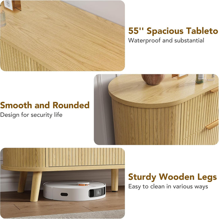 6 Drawers Dresser with 4 Storage Compartments, 55'' Modern Chest of Drawers with Sliding Door & Metal Handles, Curved Profile & Sturdy Legs, Wooden TV Stand for Bedroom, Living Room (Natural Oak)