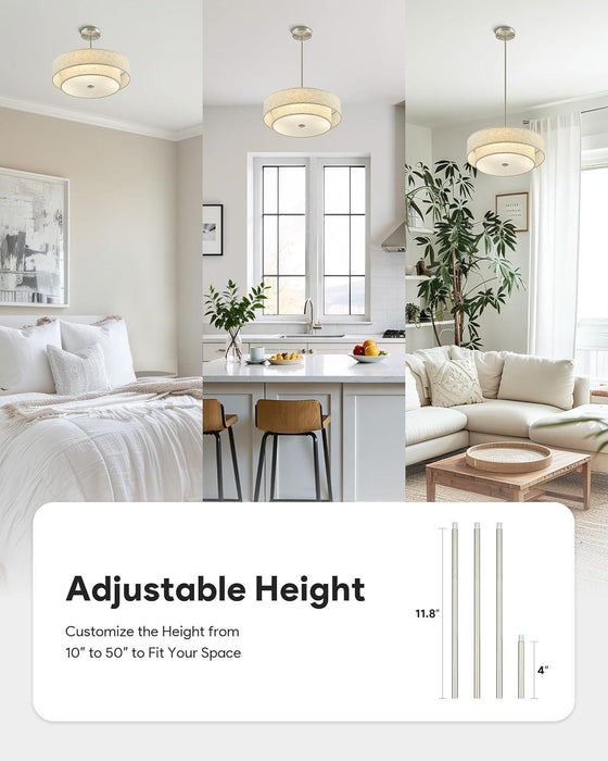 Modern Chandeliers, 18" Drum Chandeliers with 2-Layer Fabric Shade, 4-Light Pendant Light Fixture with E26 Base, Light Fixture for Dining Room Bedroom Living Room, Linen Shade & Nickel Finish