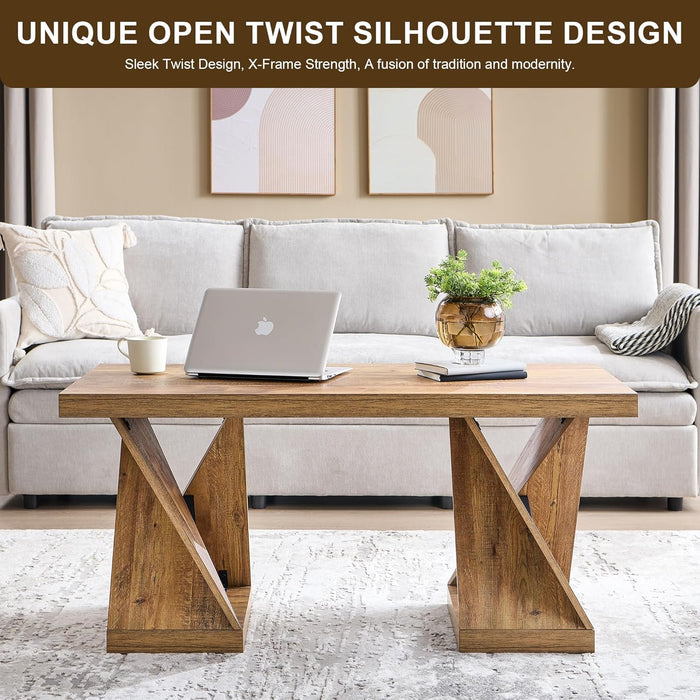 Modern Coffee Table, 48" Twisted Center Table with Wood Thickened Pedestal, Rectangular Rustic Living Room Table, Farmhouse Storage Low Cocktail Tea Table,Golden Rustic Barnwood