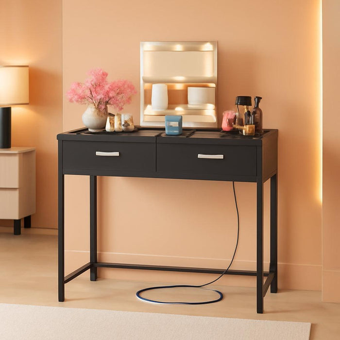 Vanity Desk with Mirror and Lights, 36'' Makeup Vanity Desk with Power Outlet, Small Vanities Set Dressing Table with Drawers for Bedroom, Black