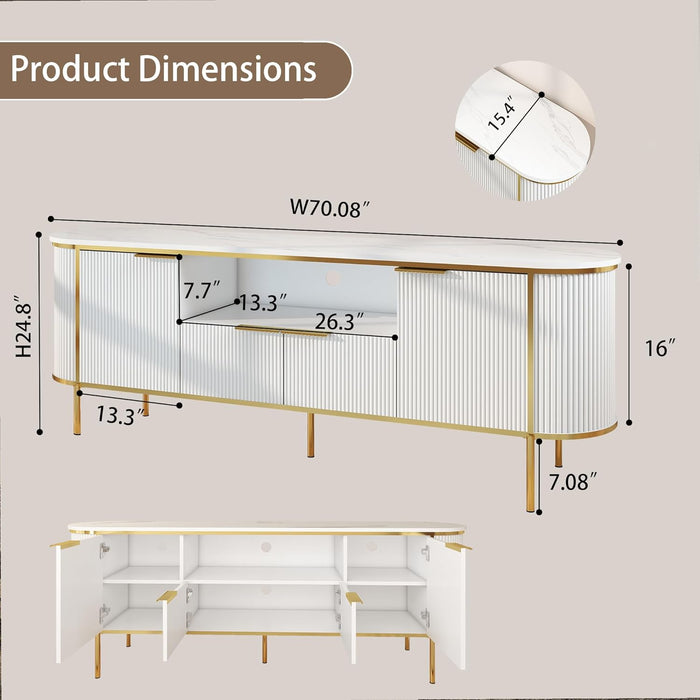 TV Consoles for Living Room: 70" Luxury Fluted White and Gold TV Stand Fits Tvs up to 80 Inch, Faux Marble Top Entertainment Center with Doors (White, 70 Inch TV Stand)